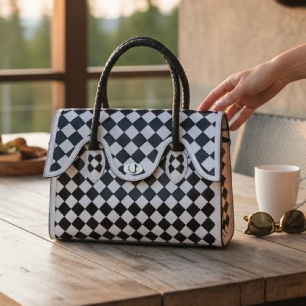 Western Linen Genuine Leather Checkered Handbag NWT